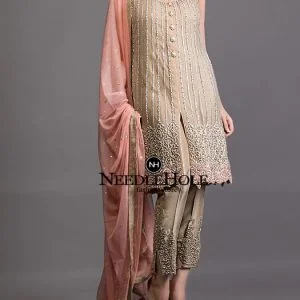 Beautiful custom 3 piece party dress for women, round neck short open front slit knee length shirt with cropped trousers and dupatta
