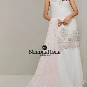Custom engagement lehenga suit for bride in off white color, embroidered neck and hemline thigh length shirt with embroidered lehenga and dupatta