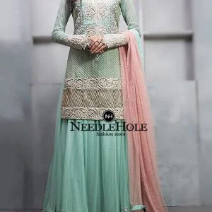 Custom engagement lehenga suit for bride in light sea green color, fitted full sleeves fully embellished thigh length shirt with flared lehenga and dupatta
