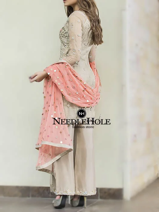 Tan Beige Unique Front Open Party Wear Dress for Women, Embellished Thigh Length Shirt with Half Open Slit Trouser and Dupatta
