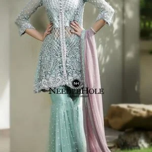 Custom engagement gharara suit with 3/4 sleeves shirt in light sea green color, embellished open front style medium length flared shirt with double layered modern gharara and dupatta
