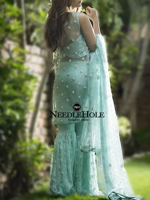 Light sea green engagement gharara dress for bride, embroidered V-neck thigh length shirt with embroidered gharara and dupatta