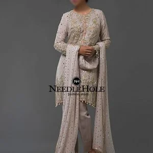 This formal party wear three piece features a fawn chiffon shirt with gold and silver embroidery, Fauna NAE001