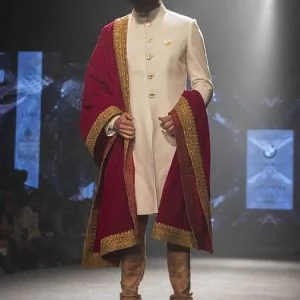 Stylish men shawl in red velvet with embroidery