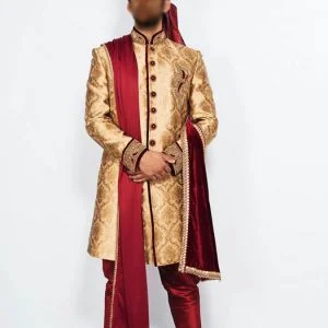 Beauteous men shawl for wedding in dark red color velvet with embroidery