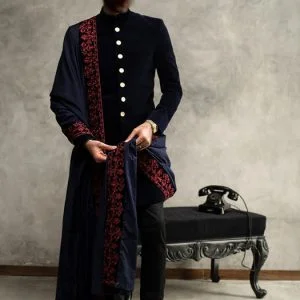 Ravishing groom shawl with embroidery in dark blue raw silk fabric