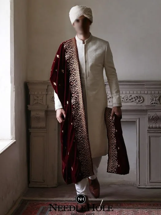 Designer shawl for groom in maroon velvet with dual embroidery border