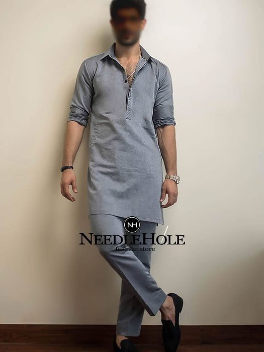 Deepak perwani grey short length men kurta pajama suit | kurta with pajama for wedding party at Southampton | wholesale kurta pajama shop near me