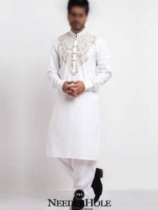 MSK401468 Offwhite wedding party wear kurta shalwar suit for men with thread work on collar and front