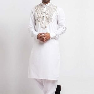 MSK401468 Offwhite wedding party wear kurta shalwar suit for men with thread work on collar and front