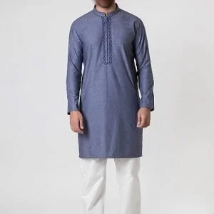 Air force blue embroidery kurta with offwhite pajama suit for men comes with thread work on collar and front