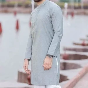 Simple light gray color man kurta pajama dress for party with thread work detail on placket and collar
