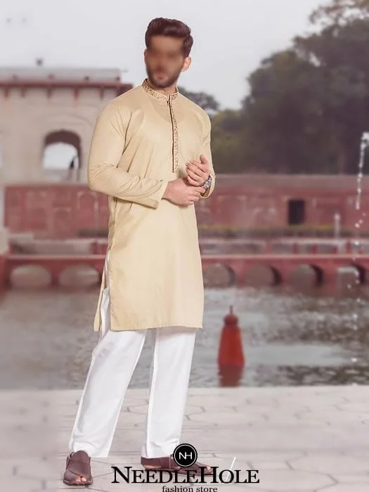 Man kurta pajama dress for party in light fawn with thread work detail on collar and placket