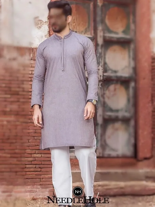 Simple mens kurta pajama dress for engagement party in light gray