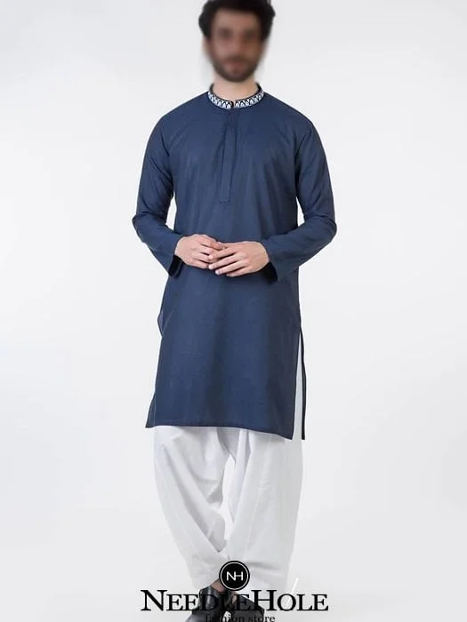 Pakistani men kurta shalwar dress for wedding party in duke blue comes with thread embroidery on ban collar