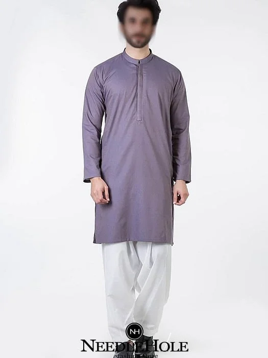 Pakistani men kurta shalwar dress for wedding party in cool gray color comes with thread embroidery on front