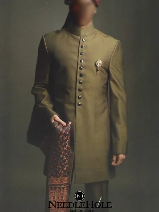 Plain cotton silk groom sherwani in dark olive drab color, buttons detail and broche on front
