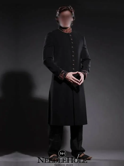 Traditional Cotton Silk Wedding Sherwani, Embellished Collar and Sleeves, Black