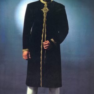 Black sherwani for groom in raw silk, embellished collar, neckline, front and sleeves cuffs
