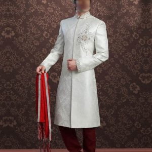 Men's sherwani for wedding in off-white color, embellished collar, front and sleeves cuffs