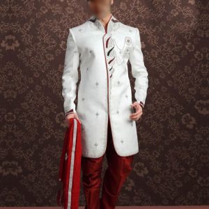 Pakistani sherwani for groom in off-white color, embellished collar, front and sleeves
