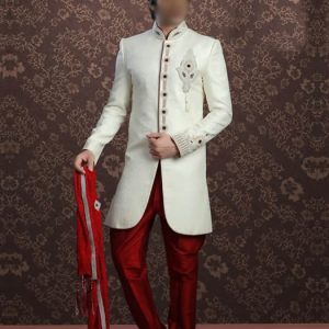 Pakistani groom sherwani in off-white color, embellished collar, front and sleeves