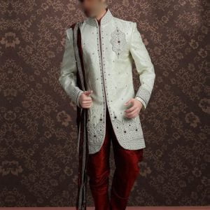 Pakistani men's sherwani in ivory color, embellished collar, front and sleeves