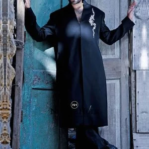 V Neck reception sherwani for groom in black suiting fabric