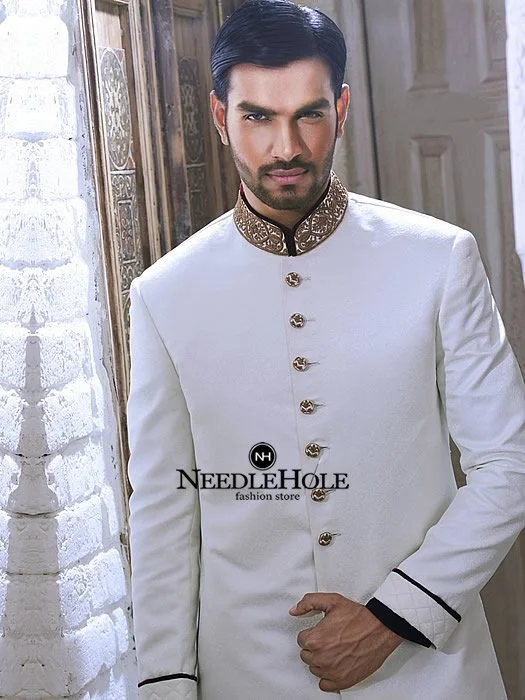 Men Bespoke sherwani suit design in offwhite jamawar for smart groom