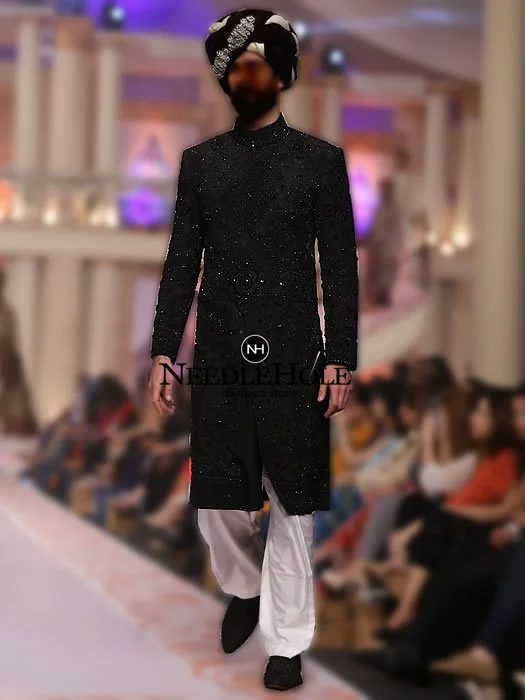 Heavy Embroidered Classical Wedding Sherwani Suit For Groom In Black Color Suiting Fabric