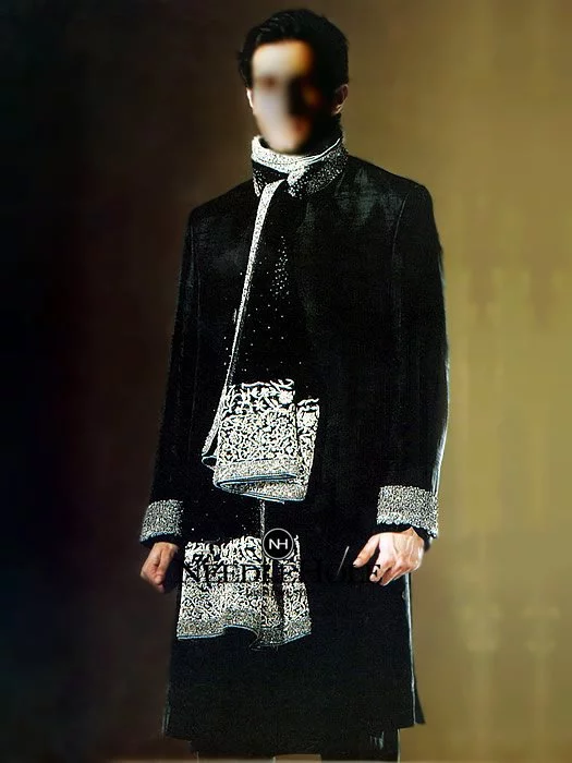 Be a best-dressed groom in this breathtaking black color traditional Pakistani wedding sherwani suit