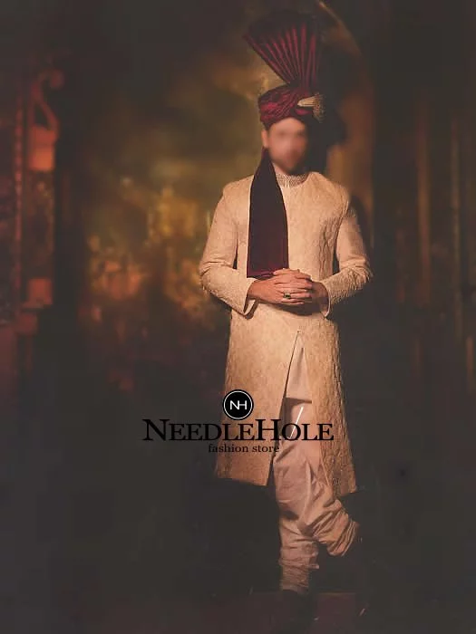 Front open style jamawar gold sherwani with off white churidar pajama