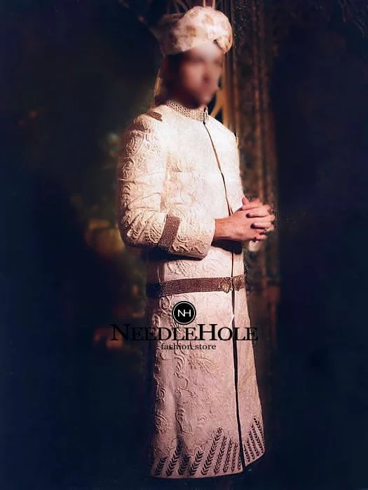 Fully embroidered off white jamawar groom sherwani with kurta shalwar