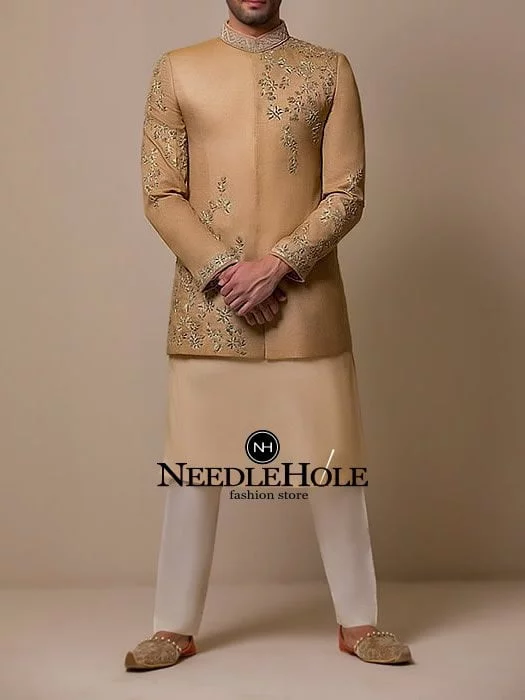 Embroidered earth yellow short sherwani design with pajama and kurta