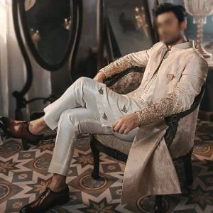 T-pink jamawar sherwani for men wedding, embellishment sleeves on sherwani with kurta pajama for your big day
