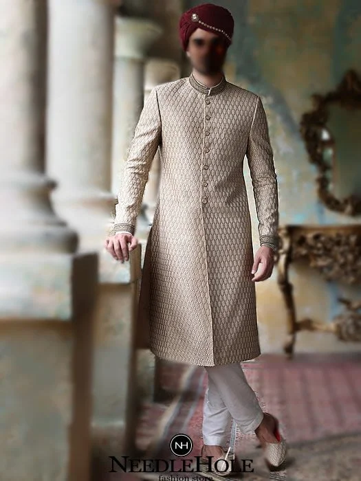 Champagne groom sherwani for men wedding, delicate thread embroidered sherwani with kurta pajama in off white color