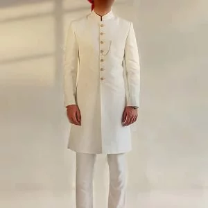 Stunning offwhite simple sherwani for men wedding with golden buttons