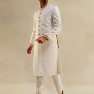 Offwhite thread embroidered groom sherwani for men wedding in raw silk fabric, comes with kurta pajama in offwhite color
