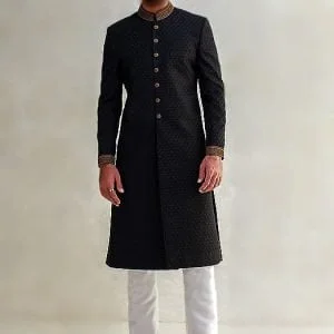 Black thread embroidered groom sherwani for men wedding with gold buttons, comes with kurta pajama in offwhite color