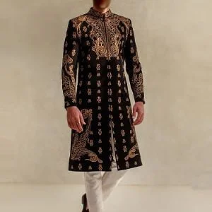 Black embroidered groom sherwani for men wedding in suiting fabric, comes with kurta pajama in offwhite color