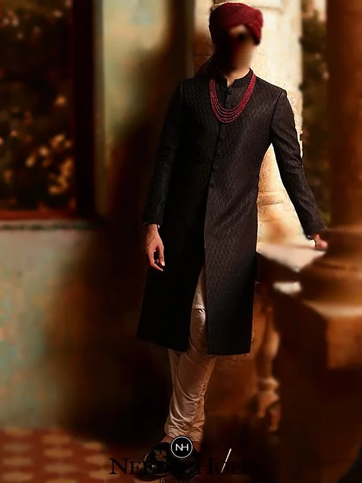 Fully embroidered men sherwani for groom wedding in black raw silk fabric, comes with kurta pajama in offwhite color