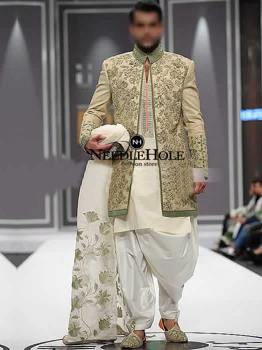 Pakistani Groom Sherwani Outfit In Raw Silk Fabric For Reception