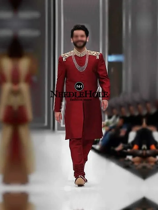 Classy Raw Silk Fabric Red Wedding Sherwani Suit For Groom