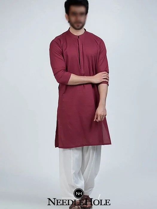 Man bright maroon kurta with offwhite shalwar for sister wedding party