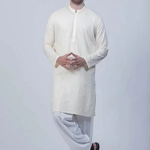 Man cream stripe cotton kurta with offwhite shalwar