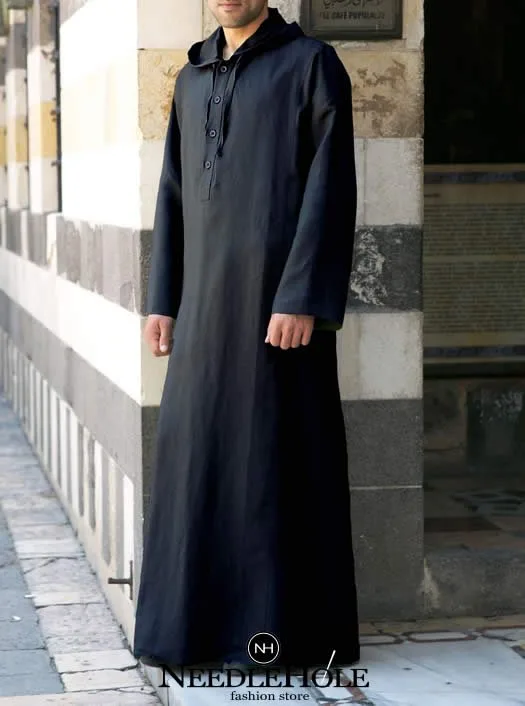 Men Arabic Thobe With Hoodie In Black Color