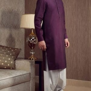 Pakistani kurta shalwar for men in byzantium color. Buttoned cuffs cotton silk plain kurta comes with white shalwar